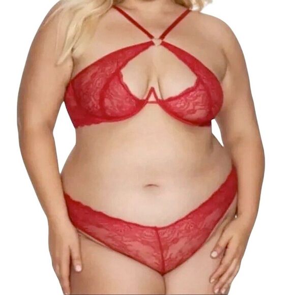 Frederick's of Hollywood Lover Bra & Panty Set Size 1X/2X Red Lace Hearts NEW - Picture 2 of 9